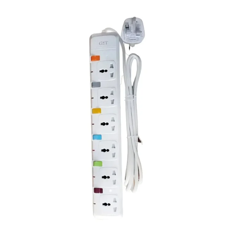 G & T 6-Way Power Extension Cable – 3 Meter Long Heavy-Duty Power Strip with 6 Sockets, UK 3-Pin Plug, White