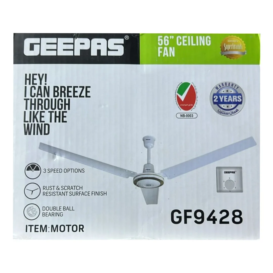 Geepas 56 Inch Ceiling Fan with Remote control – GF9428 | 75W | 5 Speeds | White