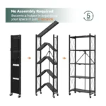 5-Tier Foldable Kitchen Storage Rack with Locking Wheels – Heavy-Duty Metal Mesh Shelving Unit