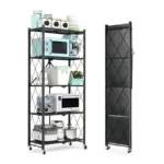 5-Tier Foldable Kitchen Storage Rack with Locking Wheels – Heavy-Duty Metal Mesh Shelving Unit