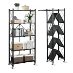 5-Tier Foldable Kitchen Storage Rack with Locking Wheels – Heavy-Duty Metal Mesh Shelving Unit