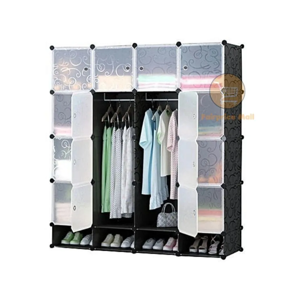 4 Column Plastic Wardrobe With Shoe Rack - Black/White