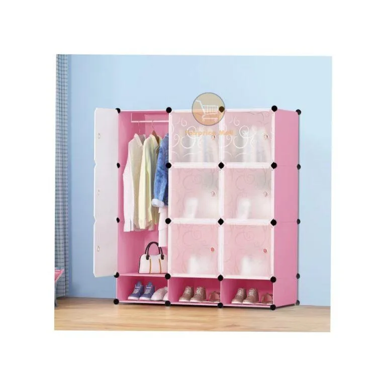 3 Column Plastic Wardrobe with Shoe Rack - Pink