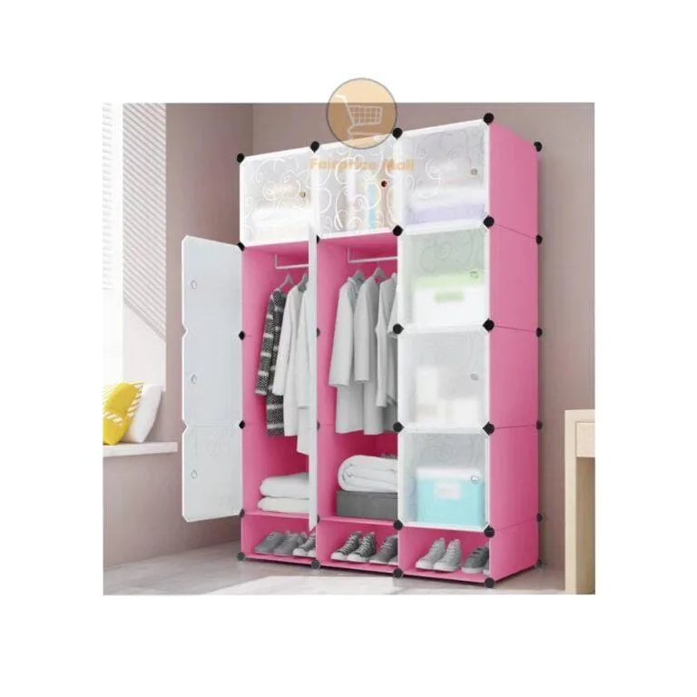 3 Column Plastic Wardrobe with Shoe Rack - Pink