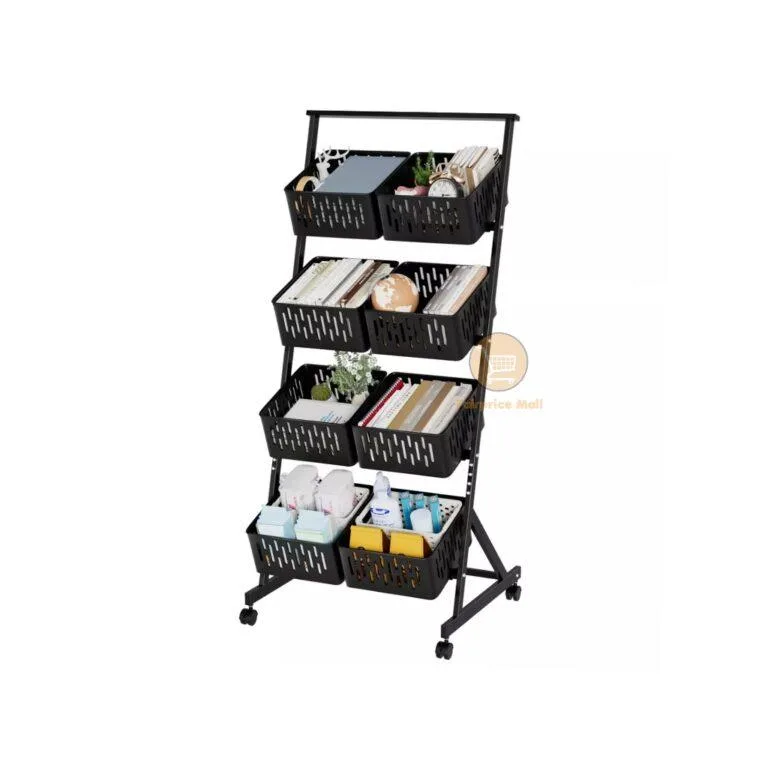 Kitchen Fruit Vegetable Storage Stackable Metal Wire Basket Stand 4 Tier Rolling Cart with 8 Detachable Cube Pantry Organizer Rack