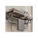 Wall Mounted Kitchen Bathroom Towel Rack Basket Shelf Storage Holder Organizer With Double Bars And Hooks- Black