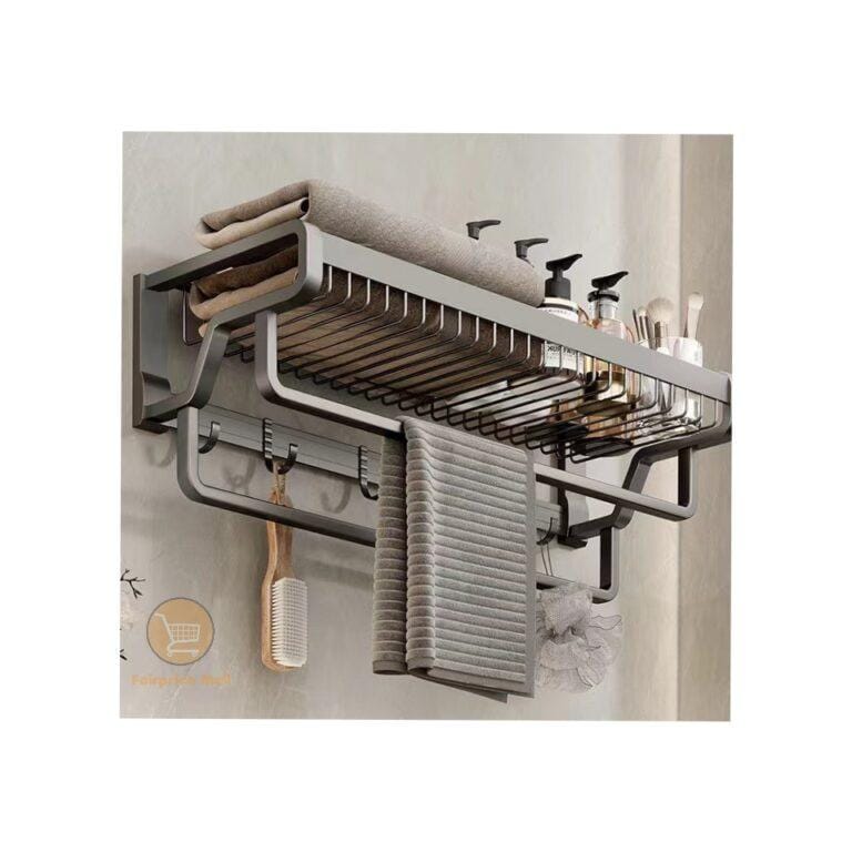Wall Mounted Kitchen Bathroom Towel Rack Basket Shelf Storage Holder Organizer With Double Bars And Hooks- Black