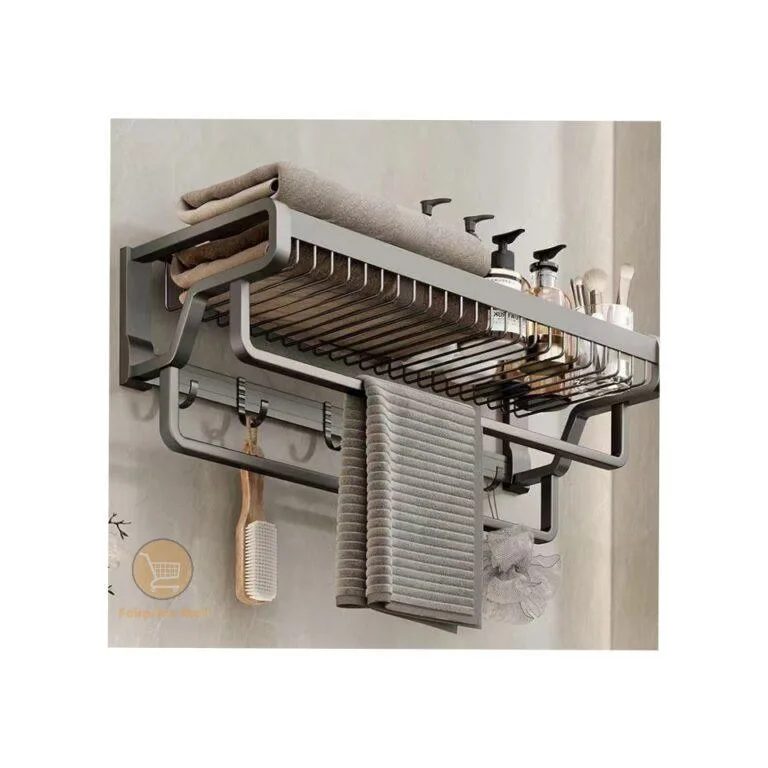 Wall Mounted Kitchen Bathroom Towel Rack Basket Shelf Storage Holder Organizer With Double Bars And Hooks- Black