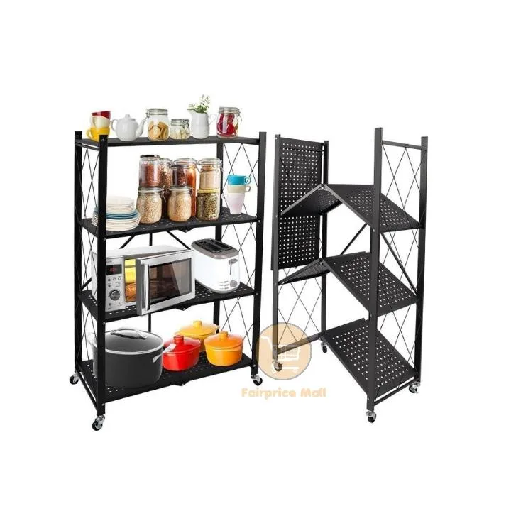 4 Tier Foldable Storage Rack , Heavy Duty Storage Shelf - Black
