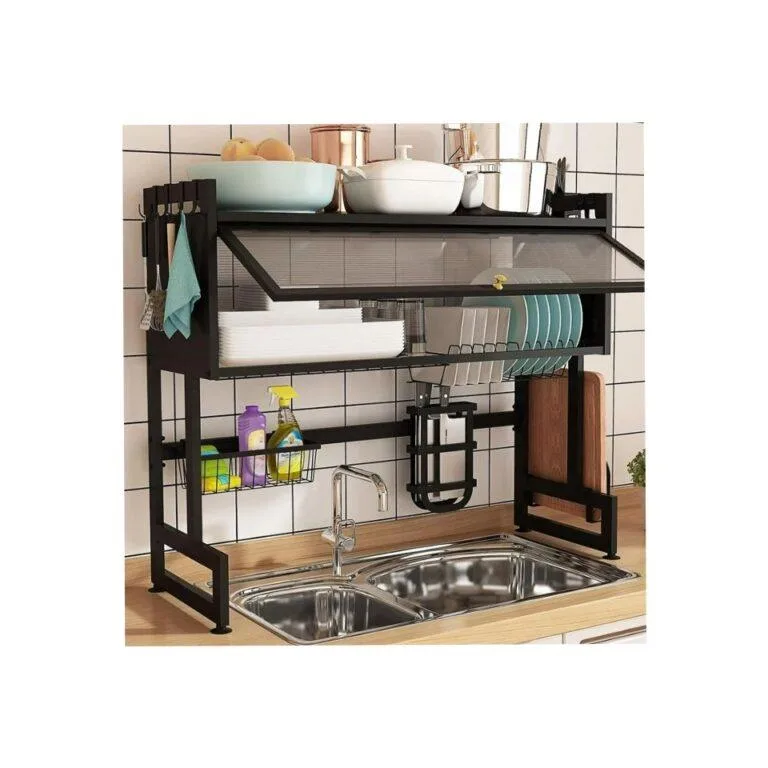 Dish Drying Rack, Over The Sink Dish Drainer Drying Rack, 2 Tier Dish Rack with Cover for Kitchen