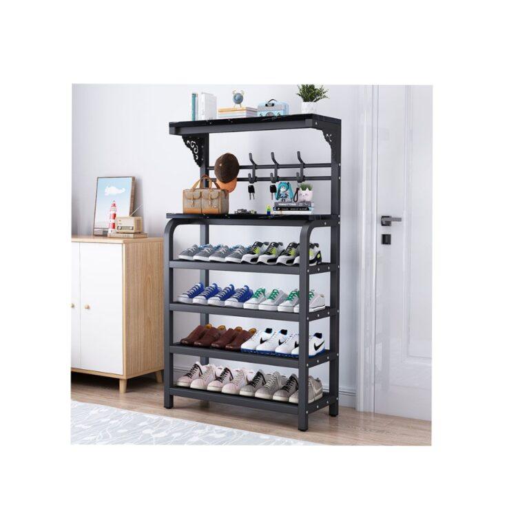 Metallic 4 Tier Shoe Rack with Hooks Storage Organizer -16 Pair Of Shoes