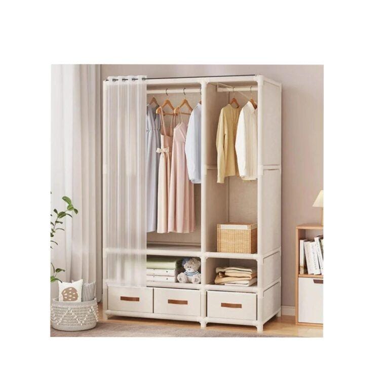 Portable Closet With Cover For Hanging Clothes Open Wardrobe With 2 Hanging Rods, 5 Storage Shelves