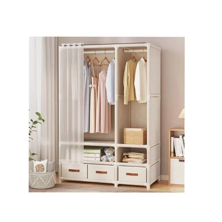 Portable Closet With Cover For Hanging Clothes Open Wardrobe With 2 Hanging Rods, 5 Storage Shelves