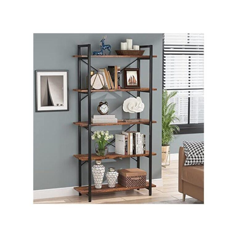 5 Tier Bookshelf, Industrial Bookcase with Metal Frame, Rustic Tall Book Shelf Unit for Living Room, Study, Home Office
