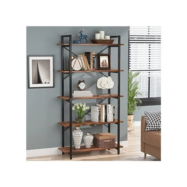 5 Tier Bookshelf, Industrial Bookcase with Metal Frame, Rustic Tall Book Shelf Unit for Living Room, Study, Home Office