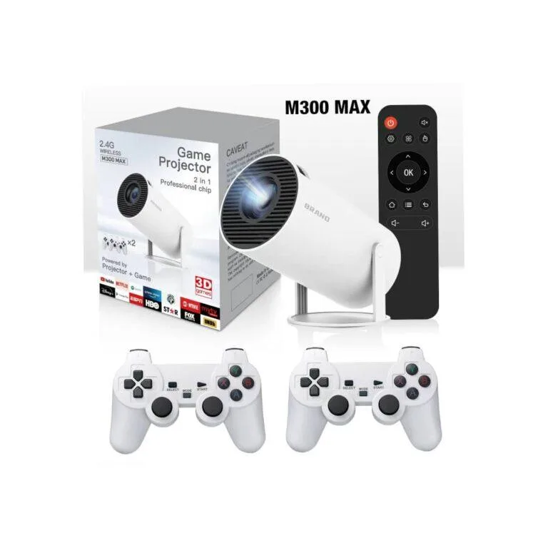 M300 Max Game Projector 4k Smart Game Projector with 2 Wireless Controller Gamepad - White