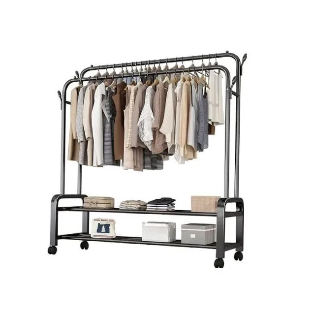 Heavy Duty Cloth Rail Rack on Wheels, Garment Rail 48 kg, with Shelf and Double Clothes Rail Hanger