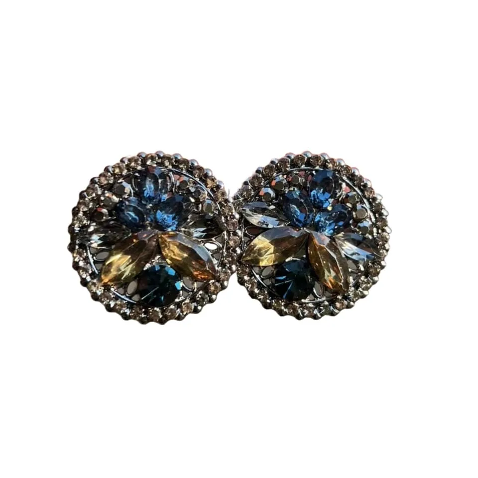 Vintage Brooch Black Hearts Ornate AB Rhinestones