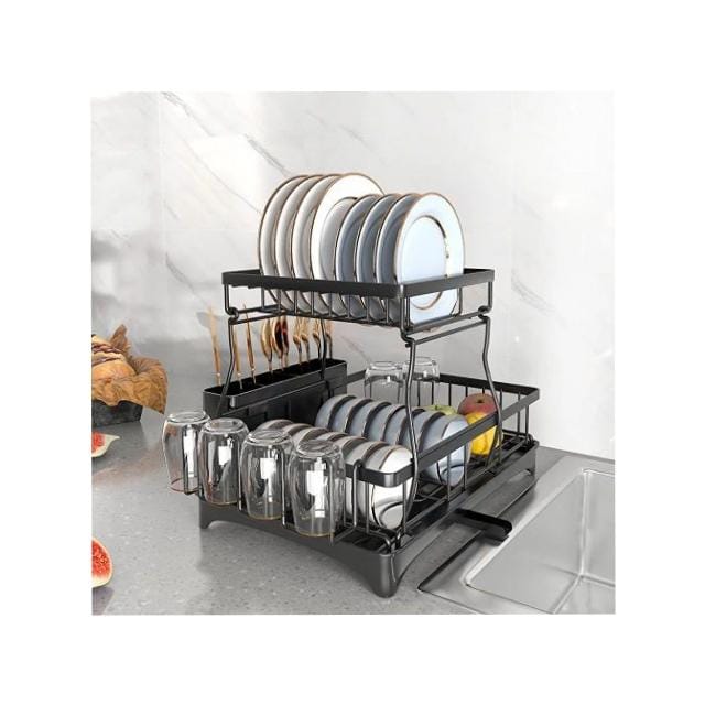 Dish Drying Rack, 2 Tier Dish Racks For Kitchen Counter Dish Drainer With Drainboard Set, Utensils Holder, Glass Holder, Rustproof, Black