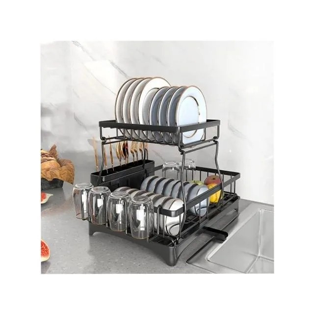 Dish Drying Rack, 2 Tier Dish Racks For Kitchen Counter Dish Drainer With Drainboard Set, Utensils Holder, Glass Holder, Rustproof, Black
