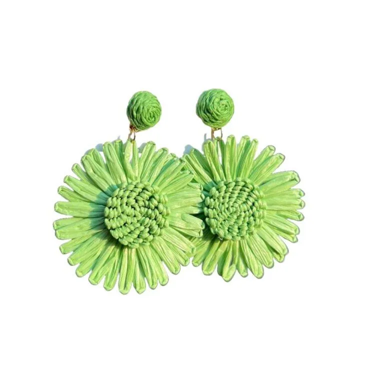Handmade Sun Flower Raffia Earrings - Lemon Green