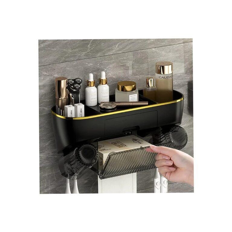Wall Mounted Toothbrush Holder Set with 2 Cups, No Drilling, 4 Toothbrush Compartments for Kids, Adults, with Cosmetic Organiser Drawer