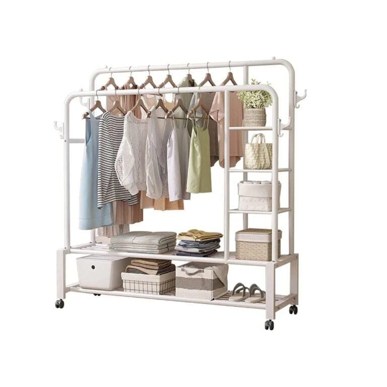 Heavy Duty Cloth Rack, Mobile Clothes Rack with Wheels, Side Hooks and 5 Shelves, Metal Hanger, 360° Swivel, 48 kg Load