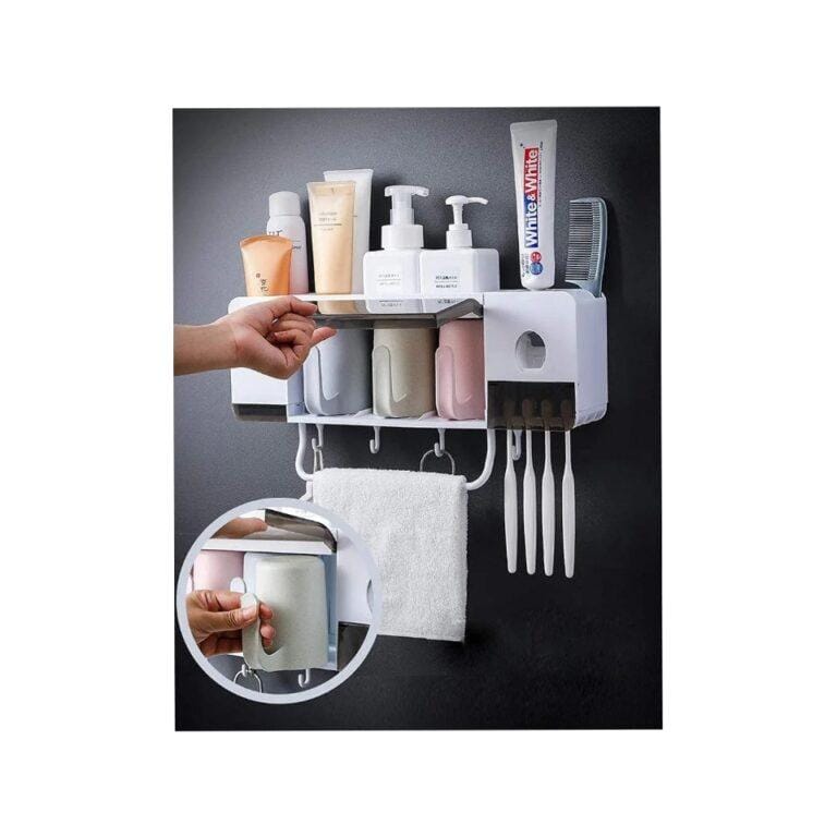 3 Cup Wall-Mounted Toothpaste Dispenser, Toothbrush Organizer, Towel Rack -White