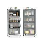 5-Tier Kitchen Storage Rack Organizer with Flip-up PC Doors, 4 Rolling Casters (Grey)