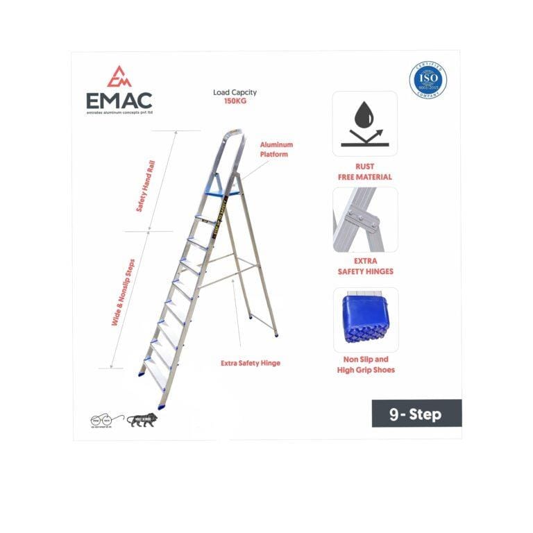 EMAC 9-Steps Aluminium Ladder with Safety Locking Mechanism- Foldable Design | Heavy-Duty 252.06CM