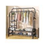 Double Pole Hanger , Metal Cloth Rack with Moving Wheels, Cloth Hanger -160cm x 110cm x 56.5cm (Black)