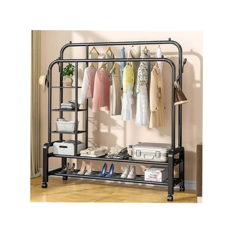 Double Pole Hanger , Metal Cloth Rack with Moving Wheels, Cloth Hanger -160cm x 110cm x 56.5cm (Black)