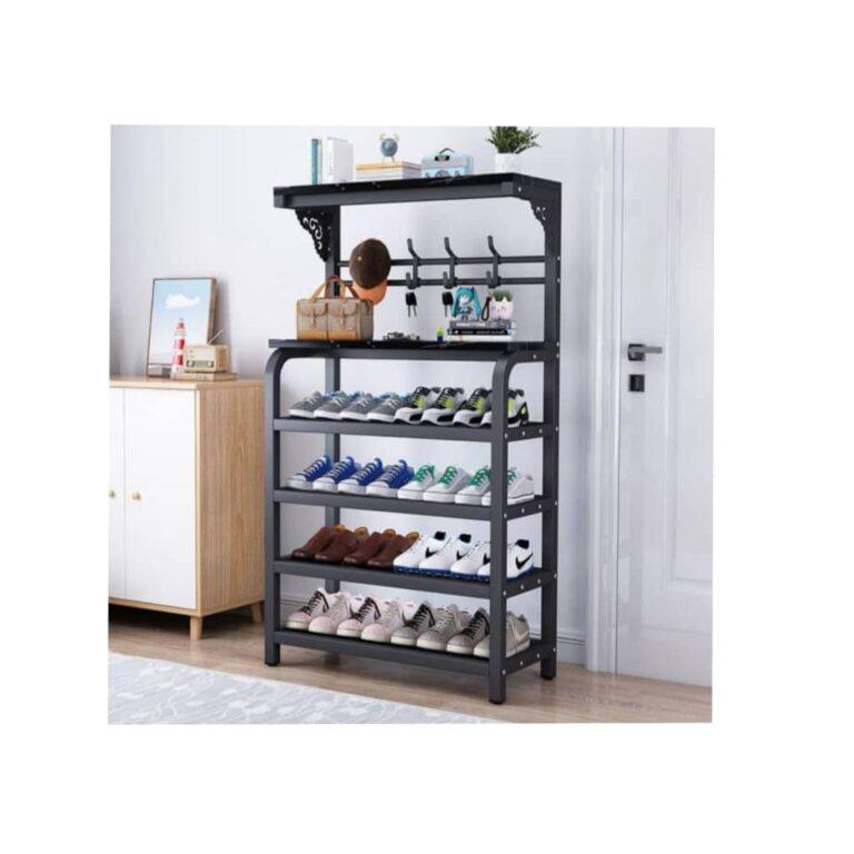 Metal Shoe Rack With 4 Levels Freestanding Shoe Rack With Hooks Bags Hats Scarf Storage Organizer With Shelves
