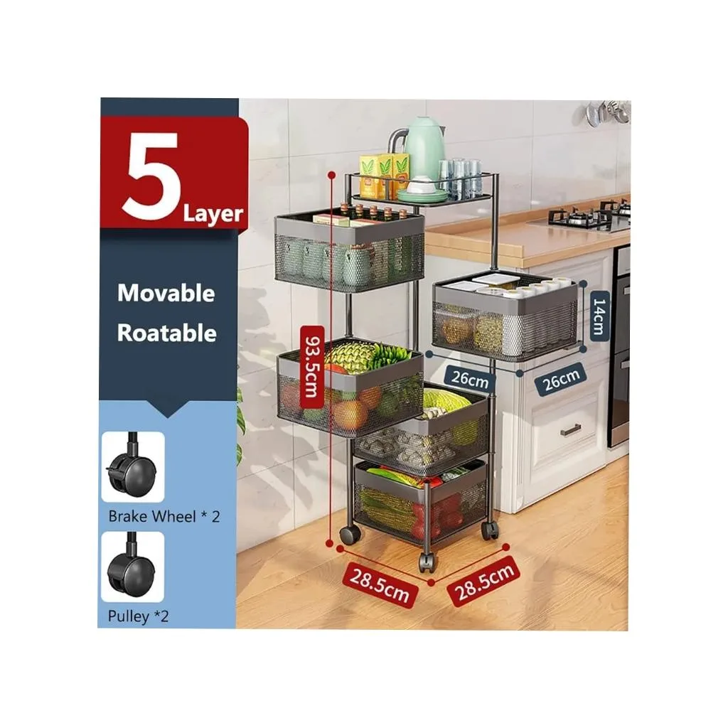 5 Tier Kitchen Storage Rack Basket Trolley Organizer , 5 Tier Storage Rack For Bedroom, Bathroom, Kitchen