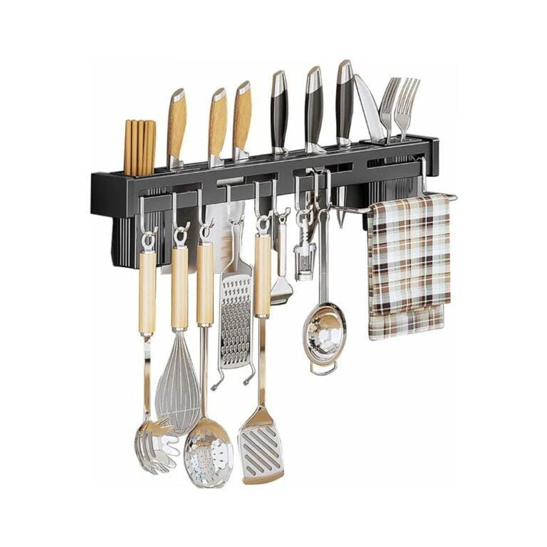 Wall Mounted Stainless Steel Cutlery Organizer, Kitchen Storage Rack with Hooks