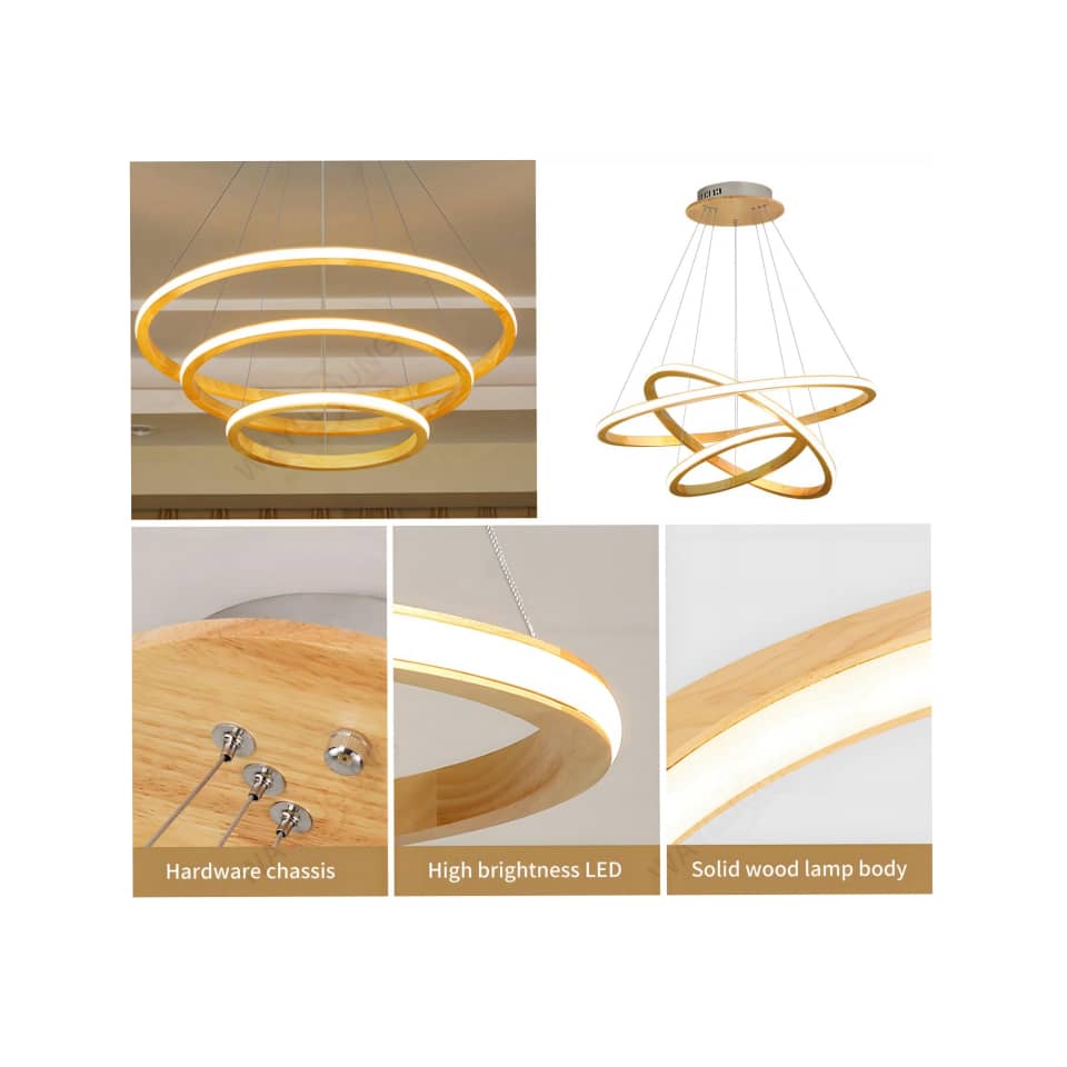 LED Pendant Light – Wood & Acrylic Three-Ring Modern Chandelier