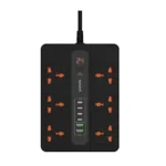 Porodo Multi Port Extension Cable 6 AC 2 USB-A 24W & 4 USB-C PD 36W Multi-Port Super Hub 2M 3000W UK - Black