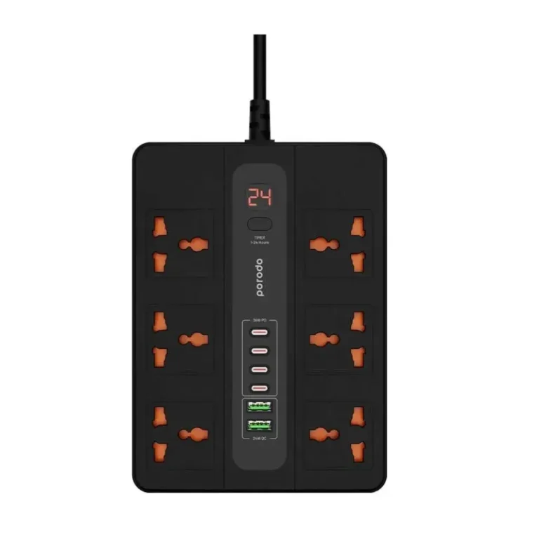 Porodo Multi Port Extension Cable 6 AC 2 USB-A 24W & 4 USB-C PD 36W Multi-Port Super Hub 2M 3000W UK - Black