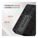 Porodo Multi Port Extension Cable 6 AC 2 USB-A 24W & 4 USB-C PD 36W Multi-Port Super Hub 2M 3000W UK - Black
