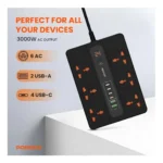 Porodo Multi Port Extension Cable 6 AC 2 USB-A 24W & 4 USB-C PD 36W Multi-Port Super Hub 2M 3000W UK - Black