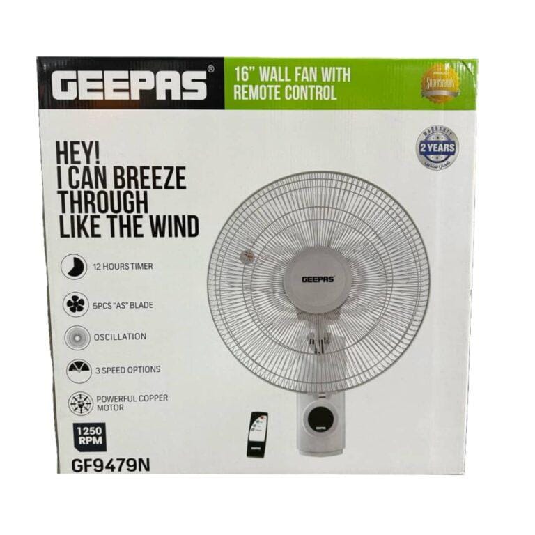 Geepas 16-Inch Wall Fan with Remote Control – GF9479N, 1250 RPM, 3 Speeds, 12-Hour Timer, Copper Motor