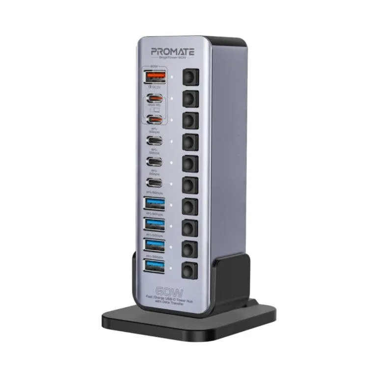 Promate 14-In-1 Multiport 60W USB-C Tower Hub, with (3) 5Gbps USB-C™ Ports, 4 USB-A™ PD48W, Plug and Play – Grey