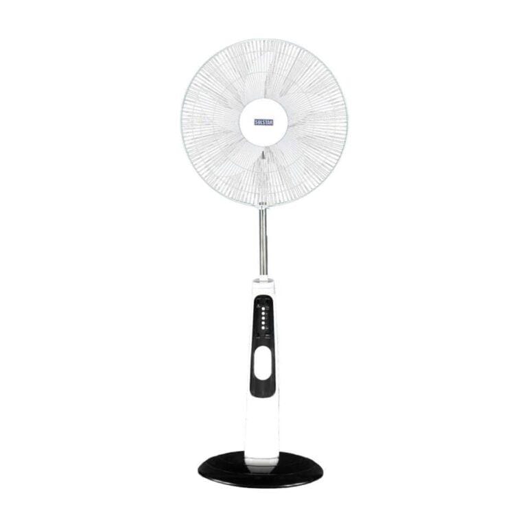 Solstar 18” Rechargeable Stand Fan with Remote, USB Port, and LED Light RFS3008UWHSS