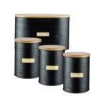 Typhoon Living Bread Storage Box Set – Black Steel Bread Bin with Bamboo Lid + Tea, Coffee & Sugar Canisters