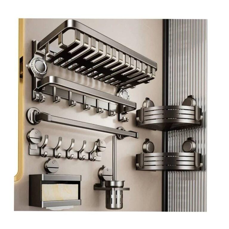 60cm Three-Fold Towel Rack – Aluminum Space Saver with Paper Holder, Hook, Double Shelves & Toilet Brush Holder