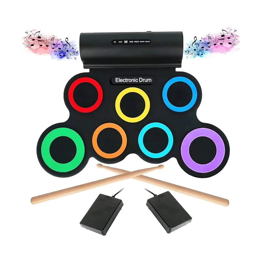 Portable 7-Pad Roll-Up Electronic Drum Set with Foot Pedals, USB / Battery Power, Headphone Jack & MIDI