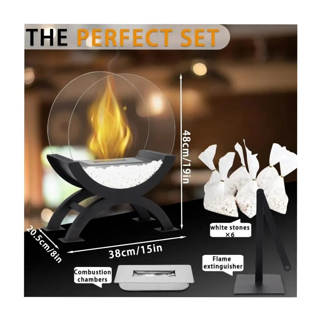 Round Glass Bioethanol Tabletop Fireplace – 19" Portable Ventless Fire Bowl