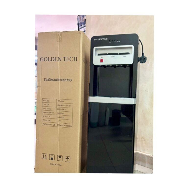 Golden Tech GT-880 Standing Water Dispenser – 3-Tap Compressor Cooling, Storage Cabinet, Black with Silver