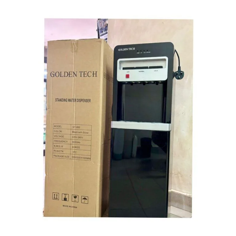 Golden Tech GT-880 Standing Water Dispenser – 3-Tap Compressor Cooling, Storage Cabinet, Black with Silver
