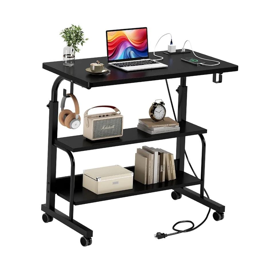 Lap black1 Adjustable Laptop Table with Wheels, Charging Station & 2-Tier Storage Shelf – Black